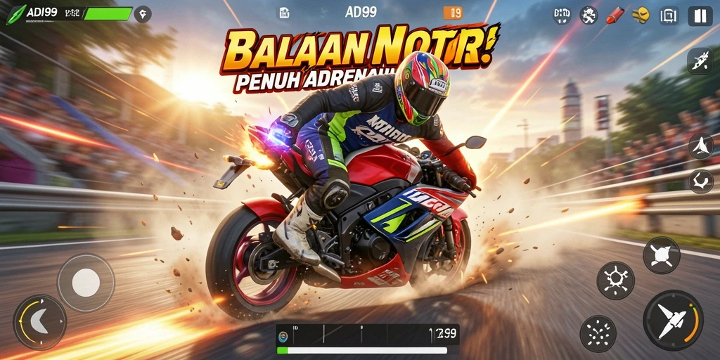 Tampilan gameplay ADI99 menampilkan balapan motor yang mendebarkan di trek yang beragam.