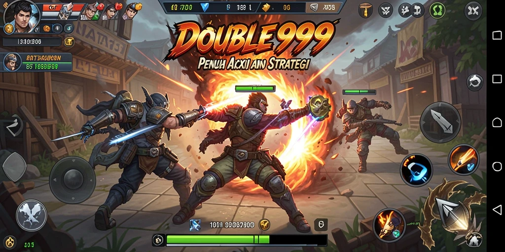 Screenshot gameplay DOUBLE999 menampilkan pertarungan seru dan karakter yang dinamis.