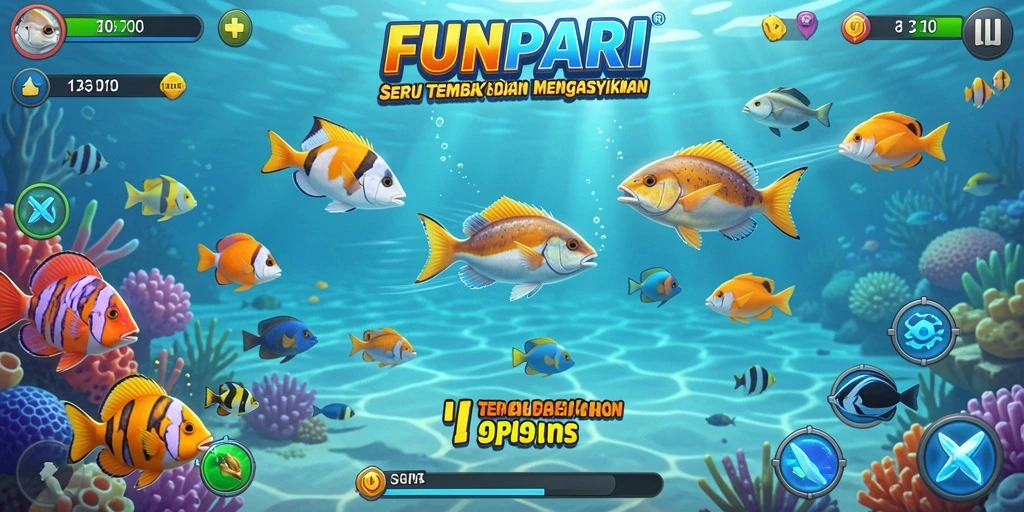 Tangkapan layar gameplay <strong>FUNPARI</strong> menampilkan aksi menembak ikan yang seru.