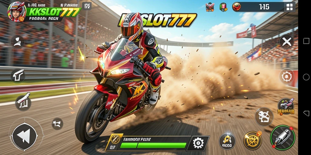 Screenshot utama KKSLOT777 menampilkan aksi balap motor yang mendebarkan.