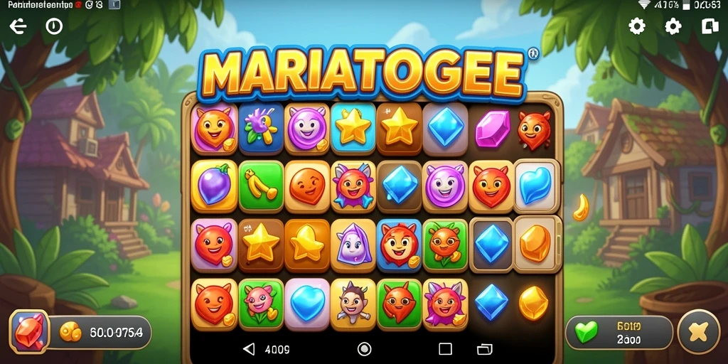 Screenshot gameplay MARIATOGEL menampilkan kecocokan simbol Match-3 yang dinamis.
