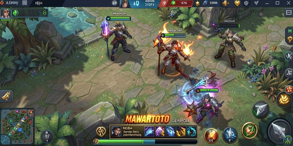 Screenshot utama MAWARTOTO menampilkan pertempuran seru dalam gameplay MOBA.