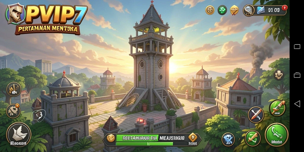 Tampilan gameplay RPVIP7 yang menegangkan dengan menara pertahanan melawan gelombang musuh.