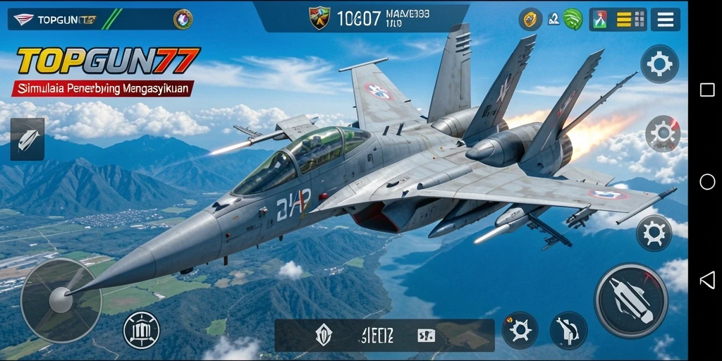Screenshot utama dari gameplay TOPGUN77 yang menampilkan aksi penerbangan seru.